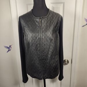 Jaclyn Smith Black Quilted Leather Mixed Media Cardigan Jacket L Classic Outwear